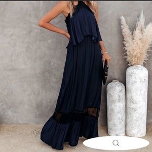 Claire Halter Lace Maxi Dress - Navy with Black